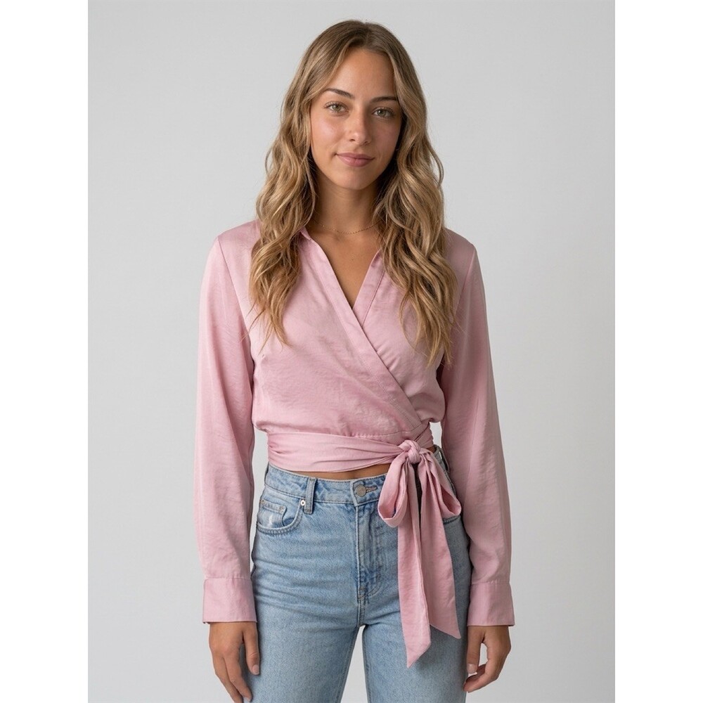 Victoria’s Secret PINK Blouse Womens XS Dusty Rose Satin Wrap Tie Waist - Picture 8 of 8